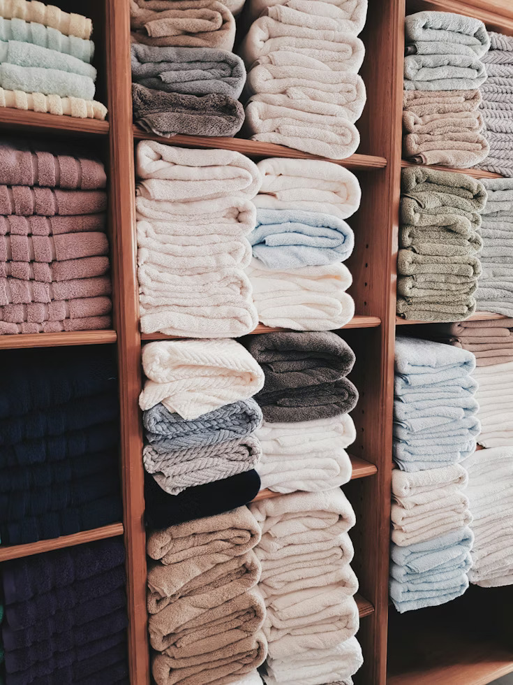 Folded towels on wooden shelf